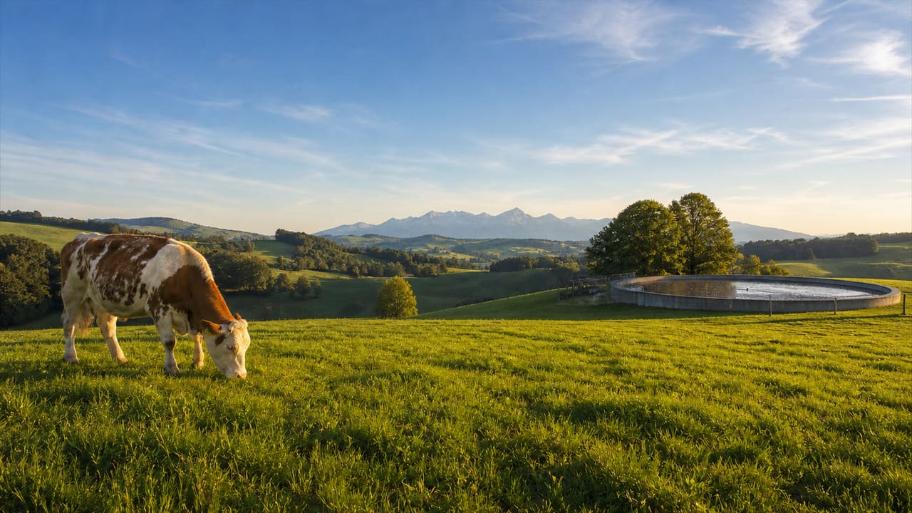 Weidende Kuh auf einer Wiese, im Hintergrund rechts ein offenes, rundes Güllelager vor Bergen