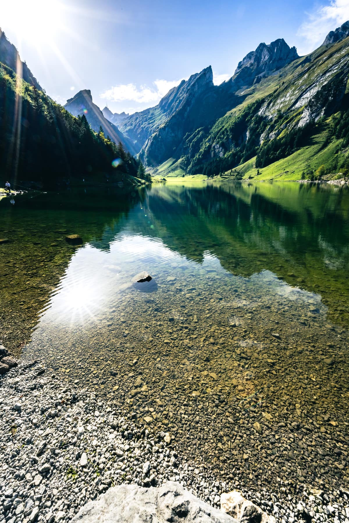 Ein Bergsee im Gegenlicht, der Grund ist bis in die Tiefe zu sehen
