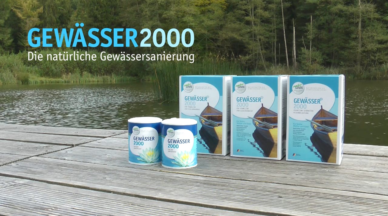 Die Dosen und Kartons von GEWÄSSER2000 auf einem Holzsteg an einem Weiher